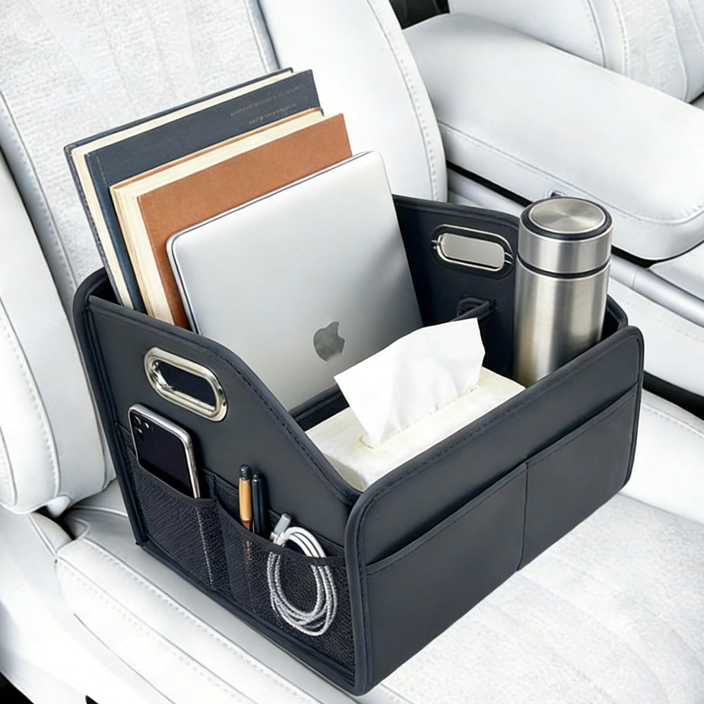 SportySizz front view of seat caddy showing organized compartments and quick access