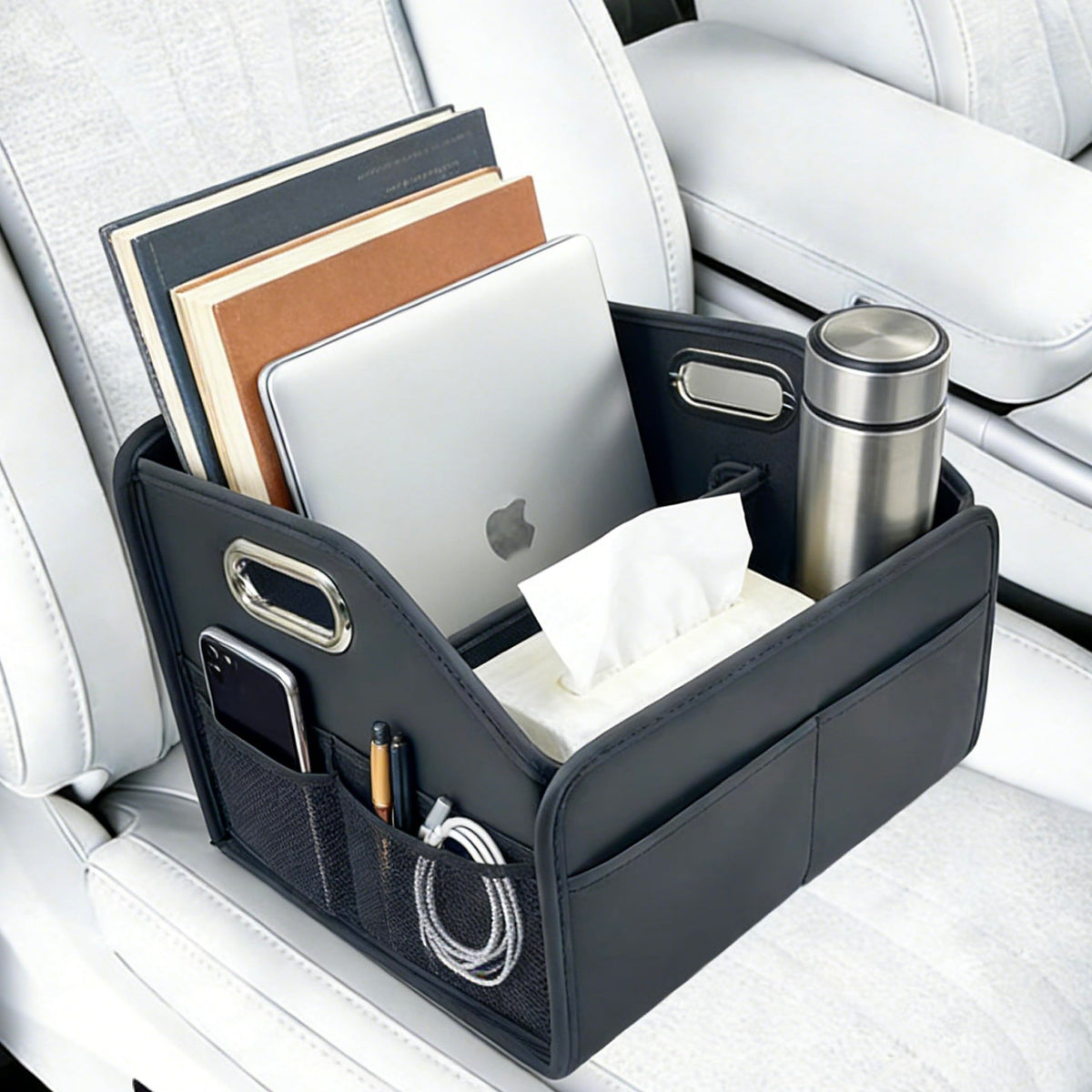 SportySizz front view of seat caddy showing organized compartments and quick access