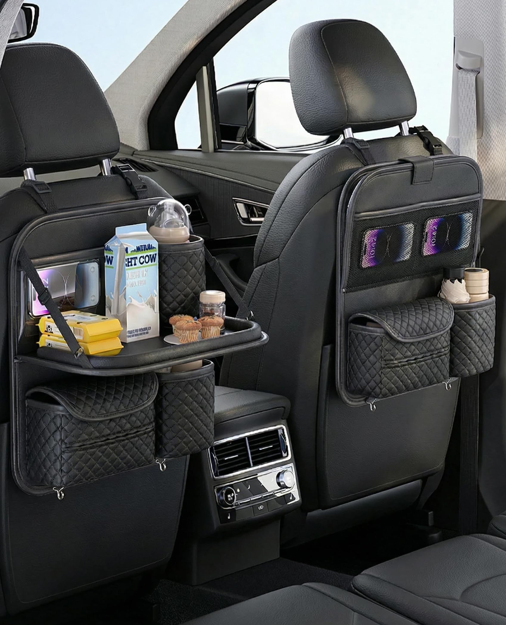SportySizz multiple deep pockets organizing snacks, chargers, and toys neatly