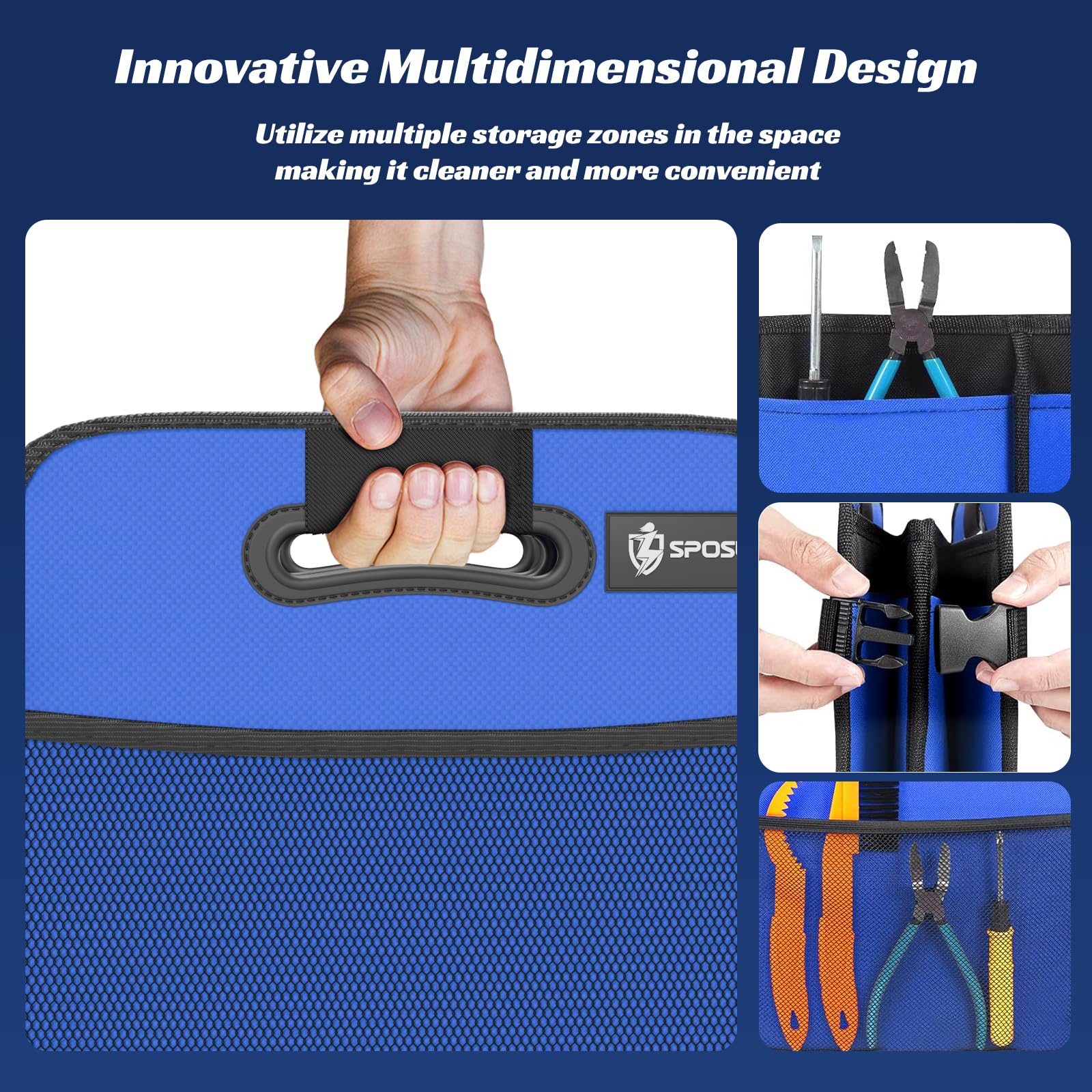 Sposuit folded flat for storage demonstrating compact portability and easy carrying