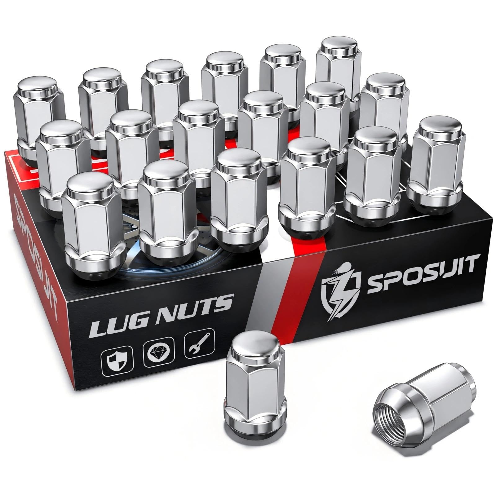 Sposuit front packaging of 20 chrome lug nuts showing complete set and model fitment benefit
