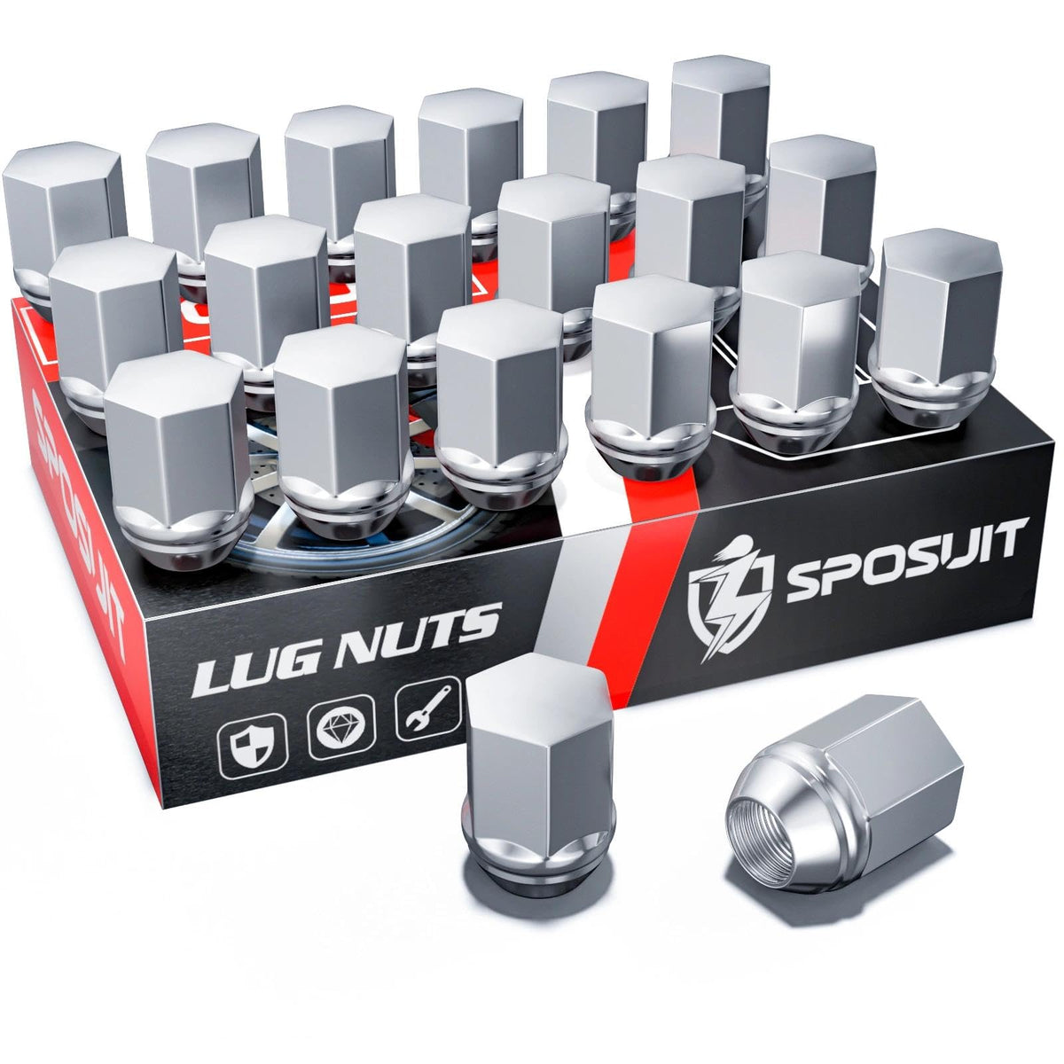 Sposuit front view of 20-piece lug nut kit shows complete set and fit