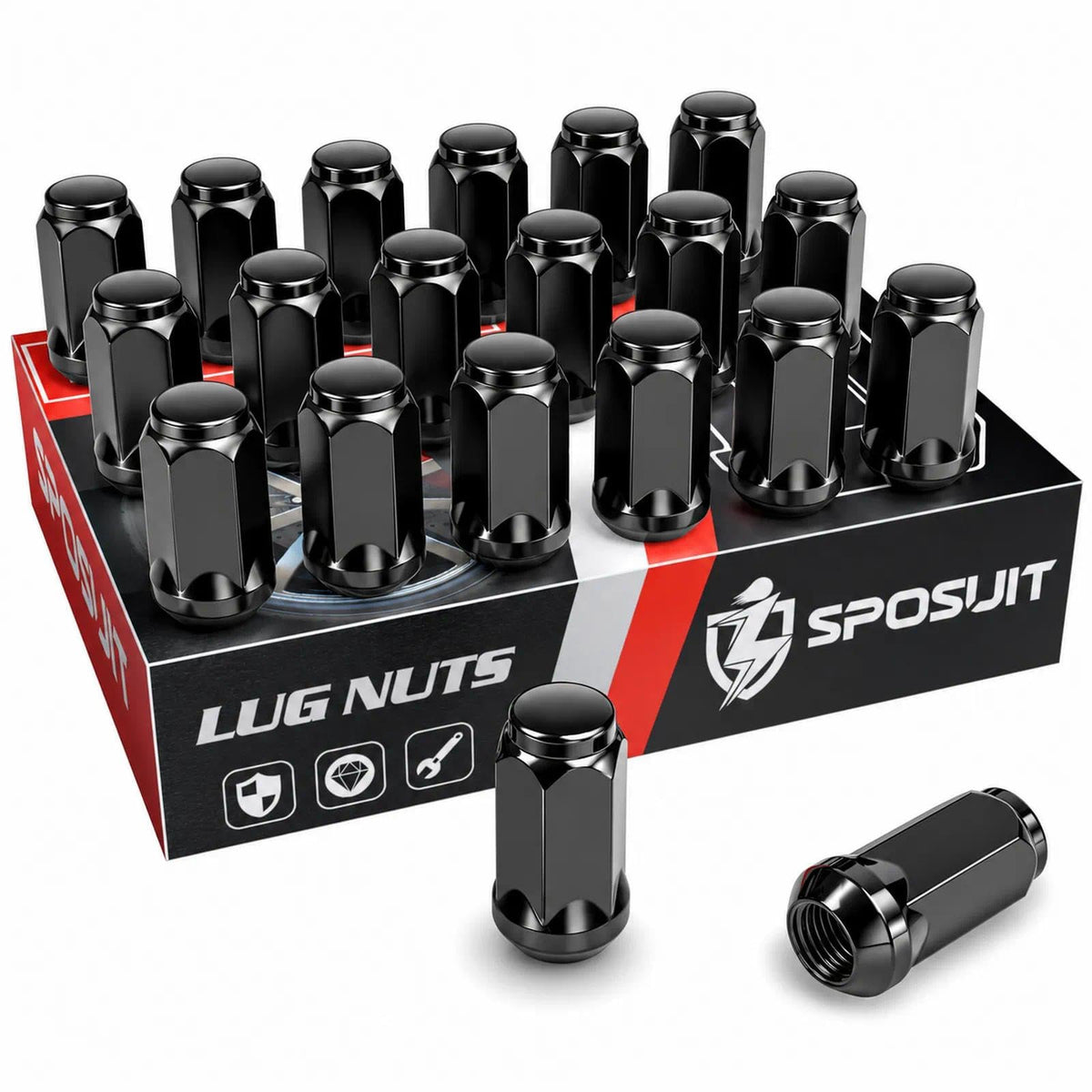 Sposuit front view of 20 black lug nuts showing uniform finish and pack benefit