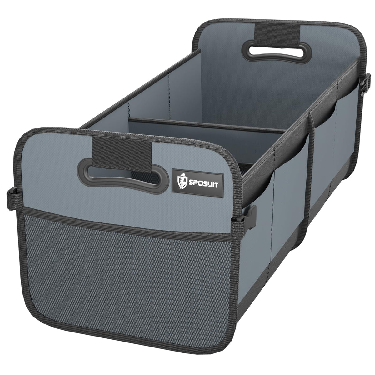 Sposuit front view of trunk organizer showing structured compartments and durable build benefit