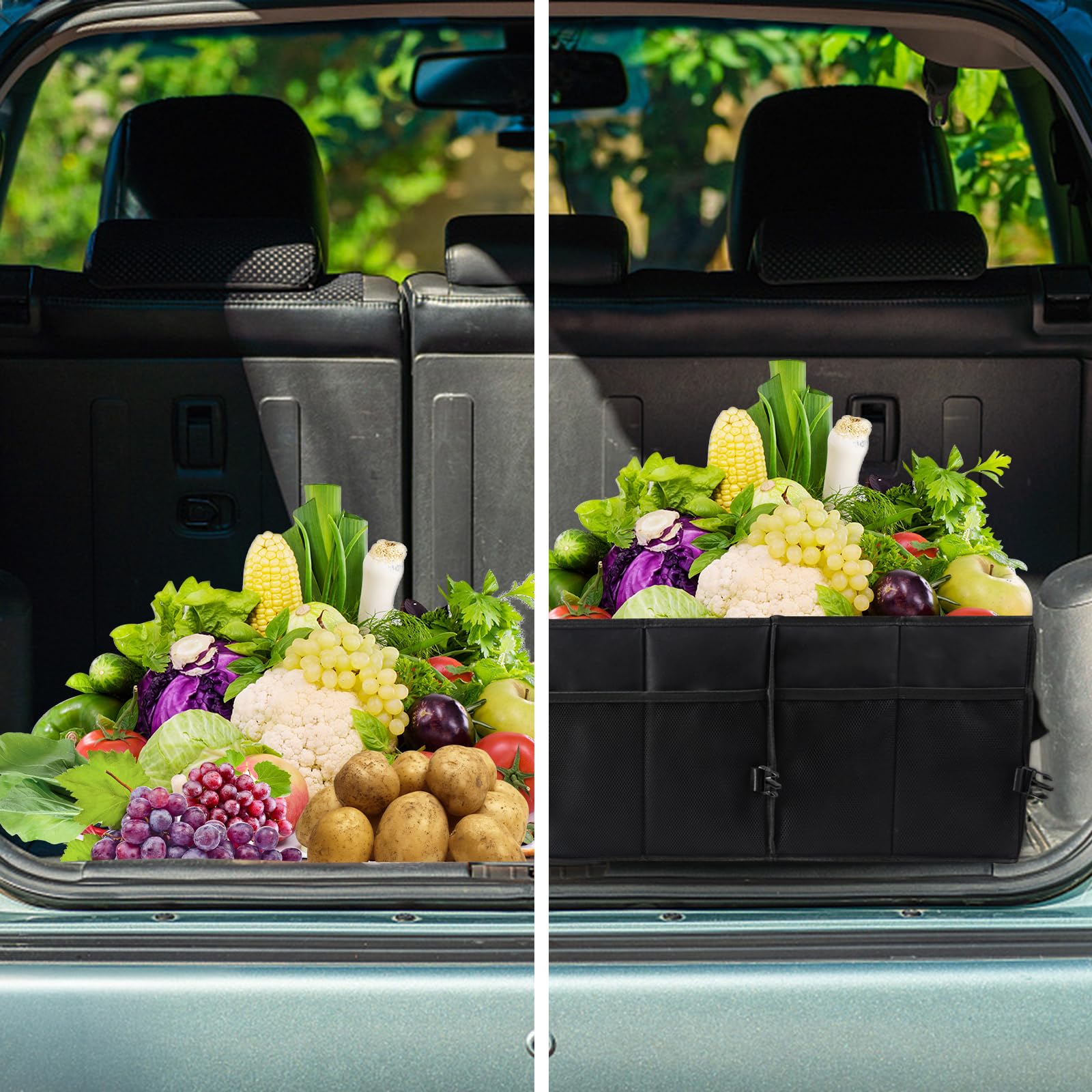 Sposuit in car trunk lifestyle scene keeping groceries and gear tidy