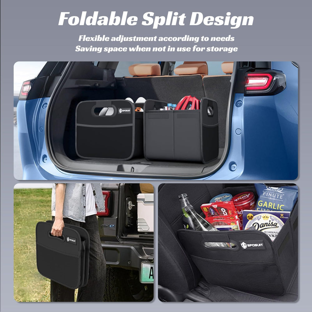 Sposuit placed in trunk with groceries illustrating spill prevention and order