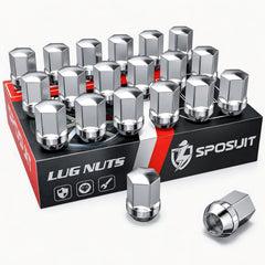 Sposuit lug nuts front packaging showing full 20-piece chrome kit benefits