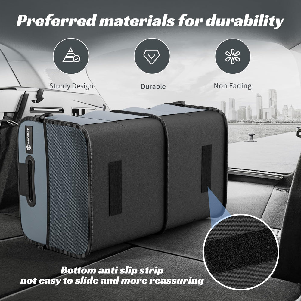 Sposuit open trunk organizer showing two compartments and side pockets for organized storage benefit