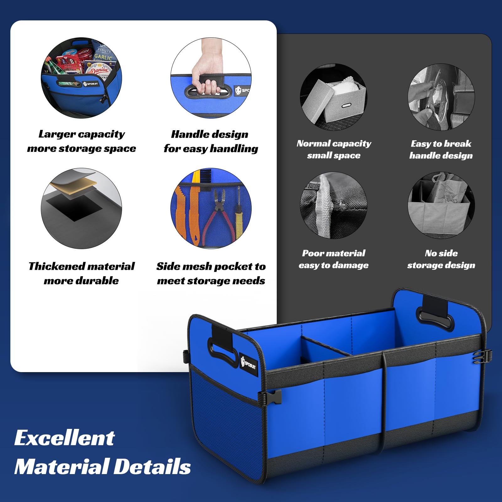 Sposuit organizer in use with grocery bags illustrating protection and upright storage