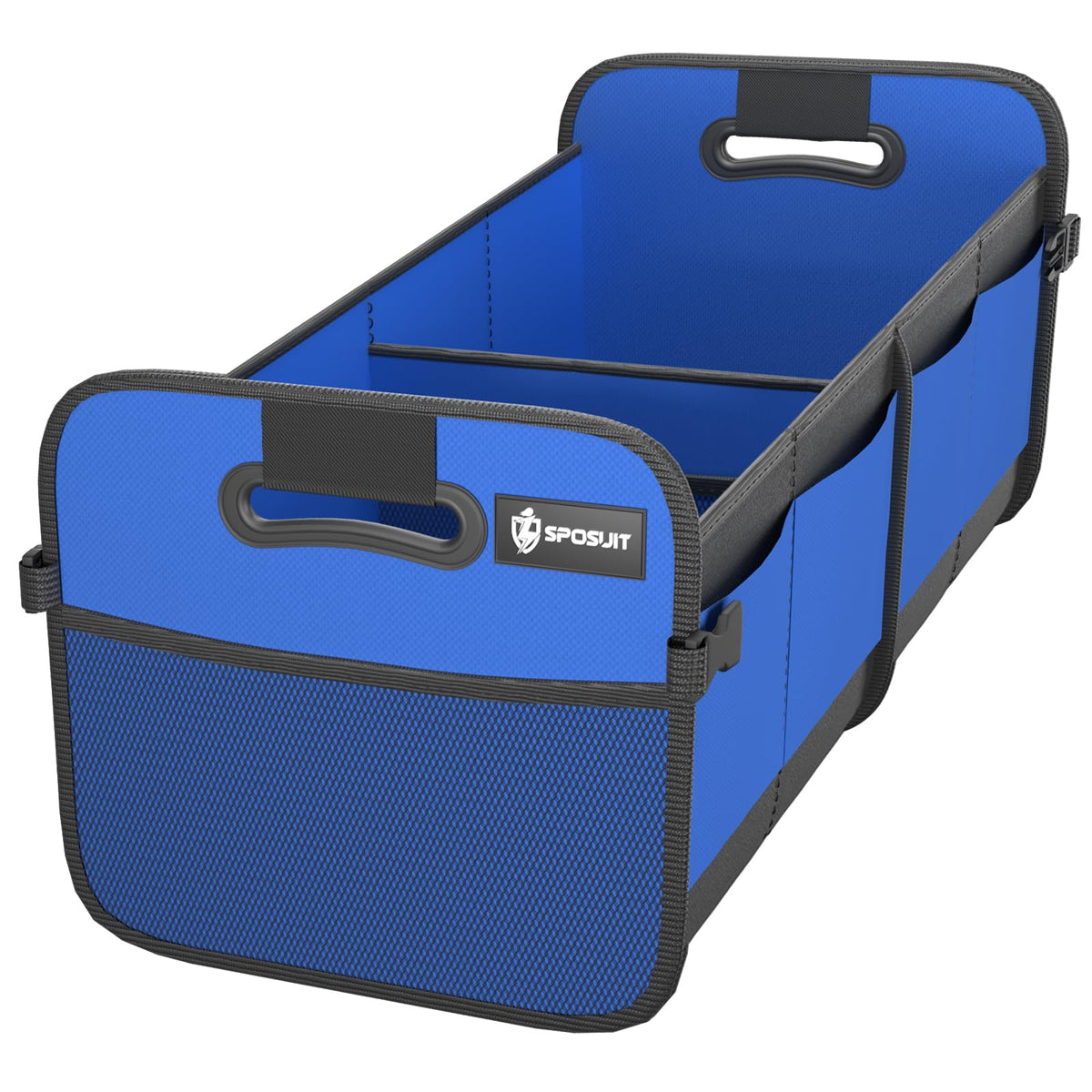 Sposuit trunk organizer front view showing sturdy frame and blue finish for organized storage