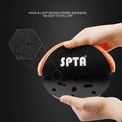 SPTA pad attached to 180mm backing plate showing secure hook-and-loop fit benefit