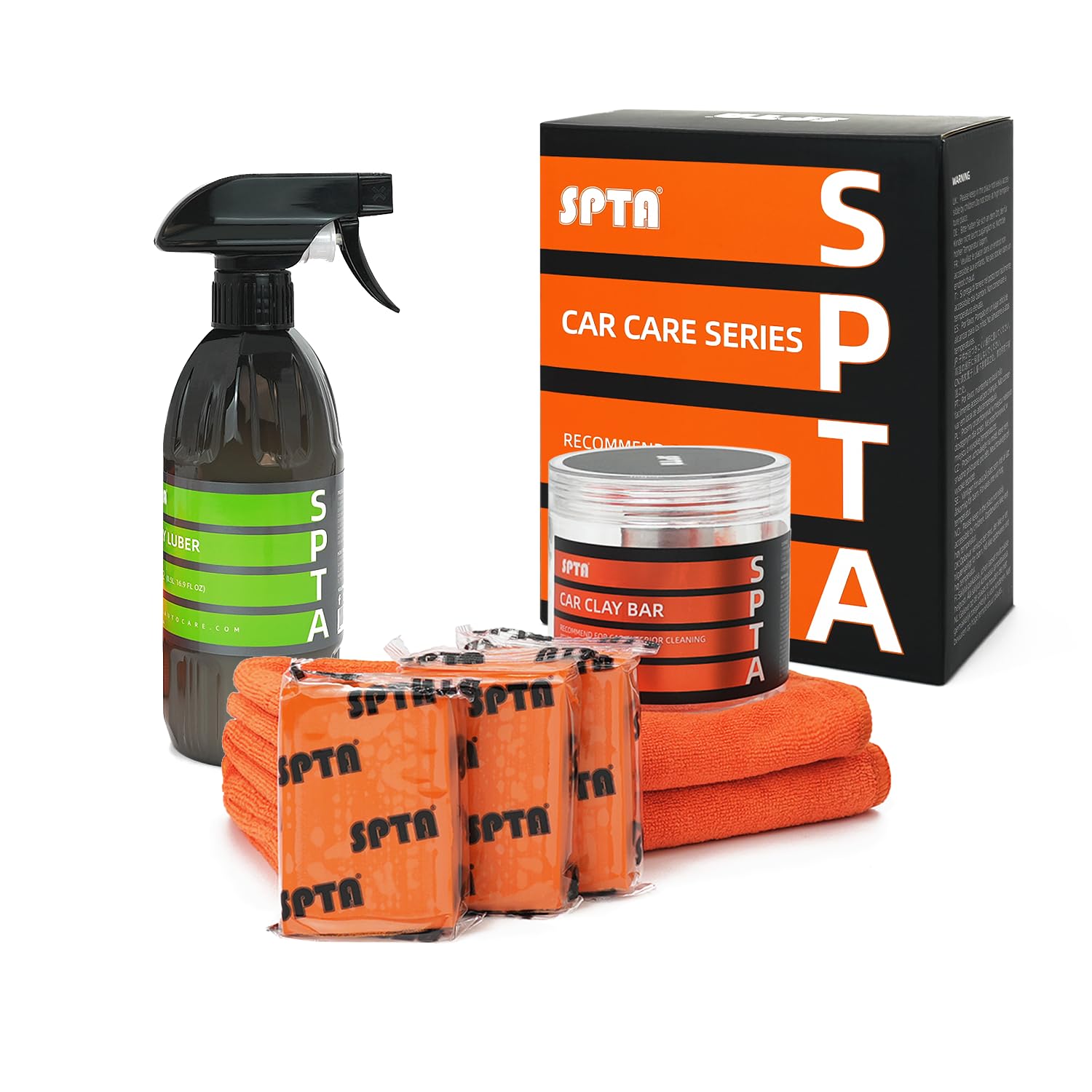 SPTA clay bar front packaging showing kit contents and convenience