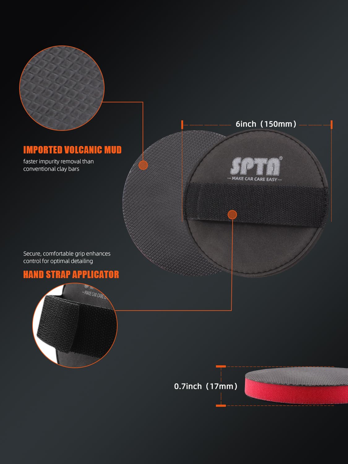 SPTA clay pad attached to hand strap applicator for comfortable, controlled use