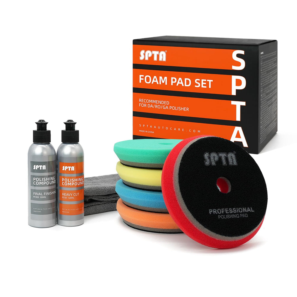 SPTA front view of 6-inch pad set showing all five foam grits for versatile correction