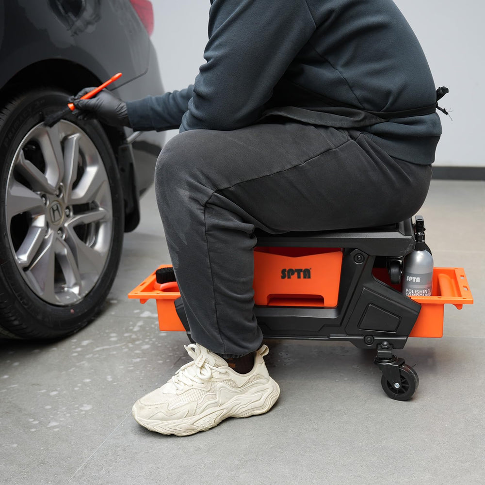 SPTA in-garage use by detailer providing comfortable seated access to car