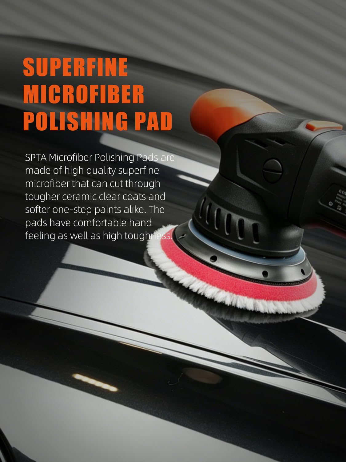 SPTA pad mounted on dual action polisher demonstrating ease of use and controlled finishing