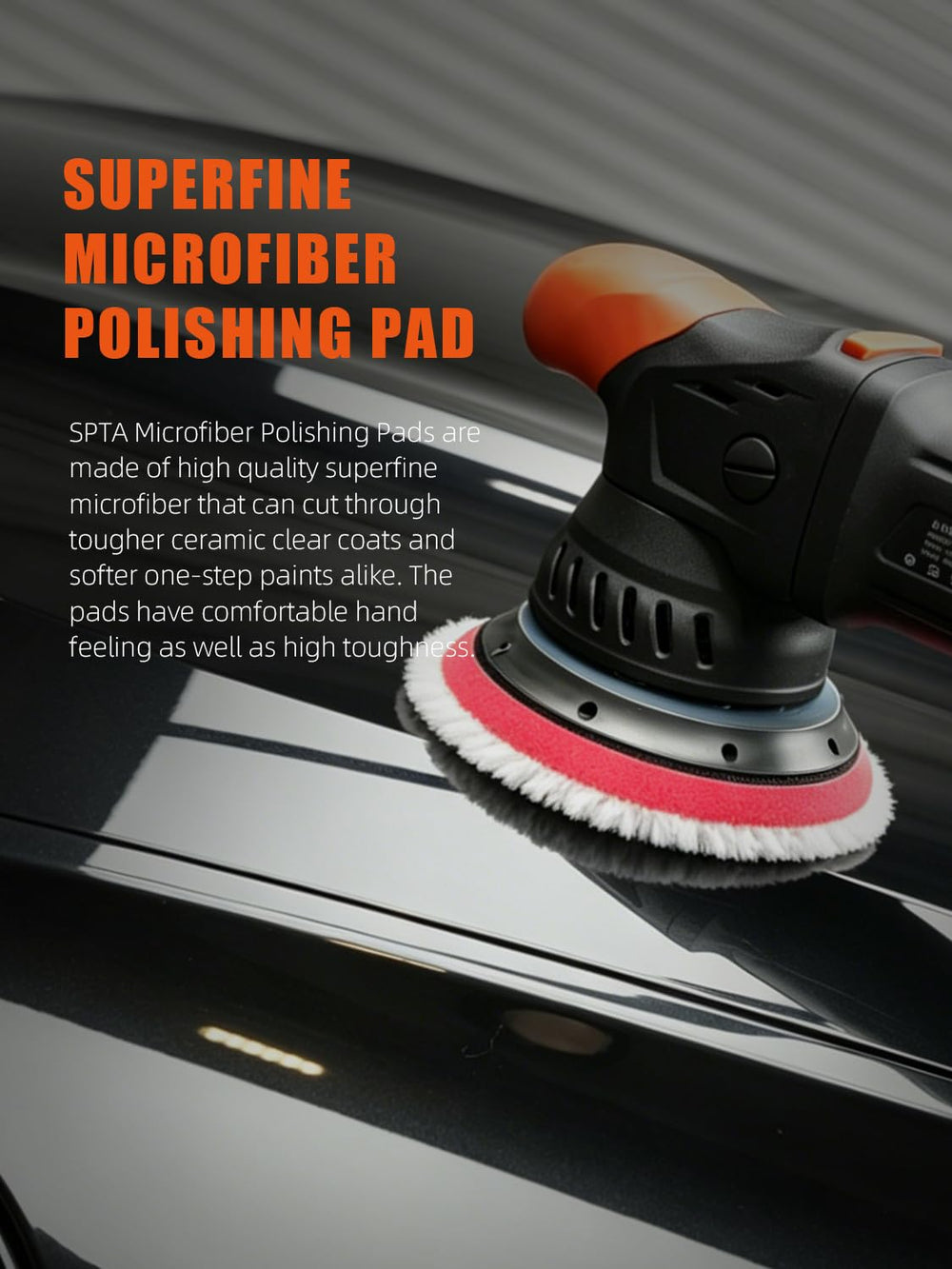 SPTA pad mounted on dual action polisher demonstrating ease of use and controlled finishing