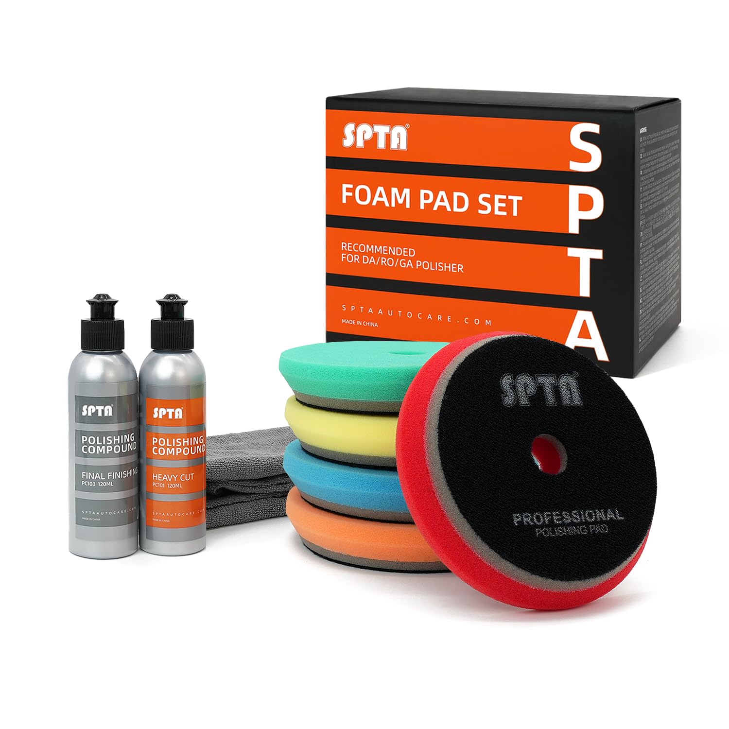 SPTA detailer using pads in a garage emphasizing professional-level polishing results