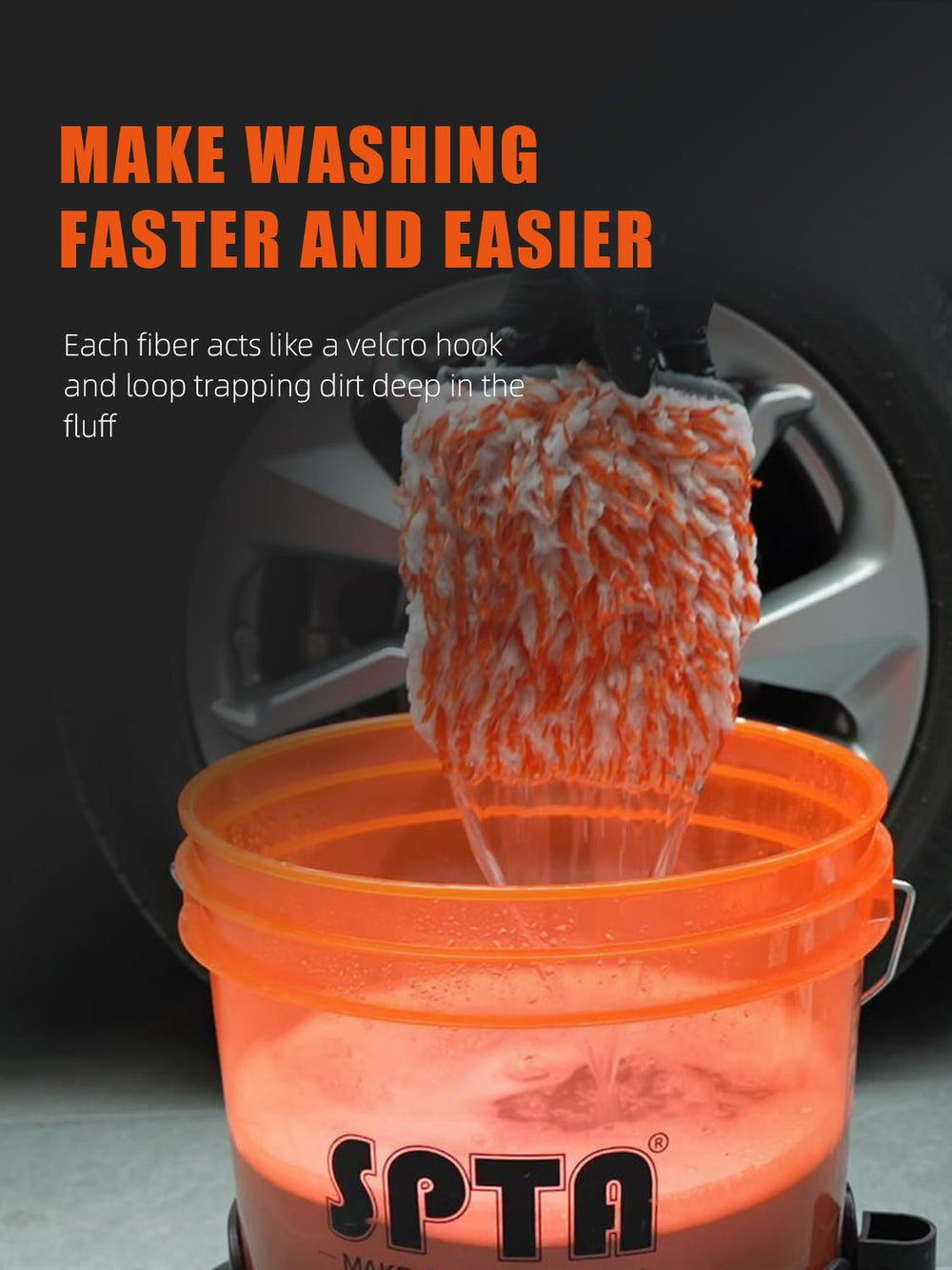 SPTA mitt cleaning wheel spokes demonstrating safe, scratch-minimizing action