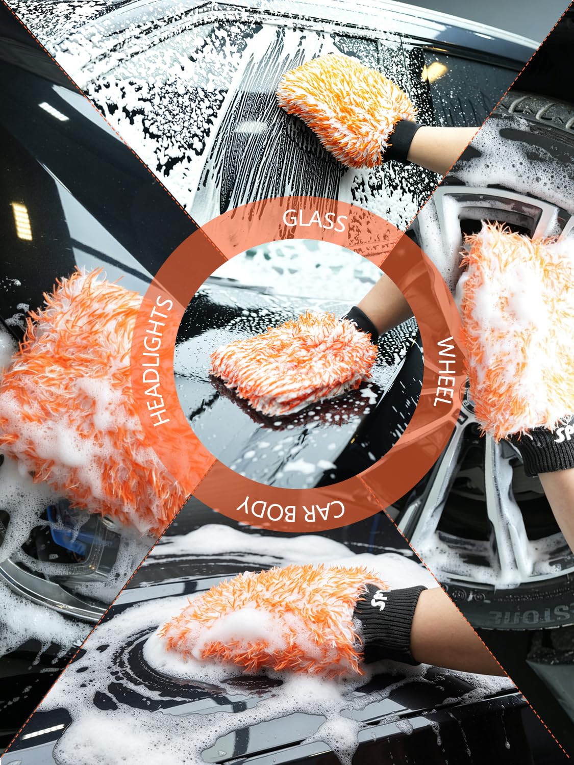 SPTA mitt washing car door illustrating safe, scratch-reducing action