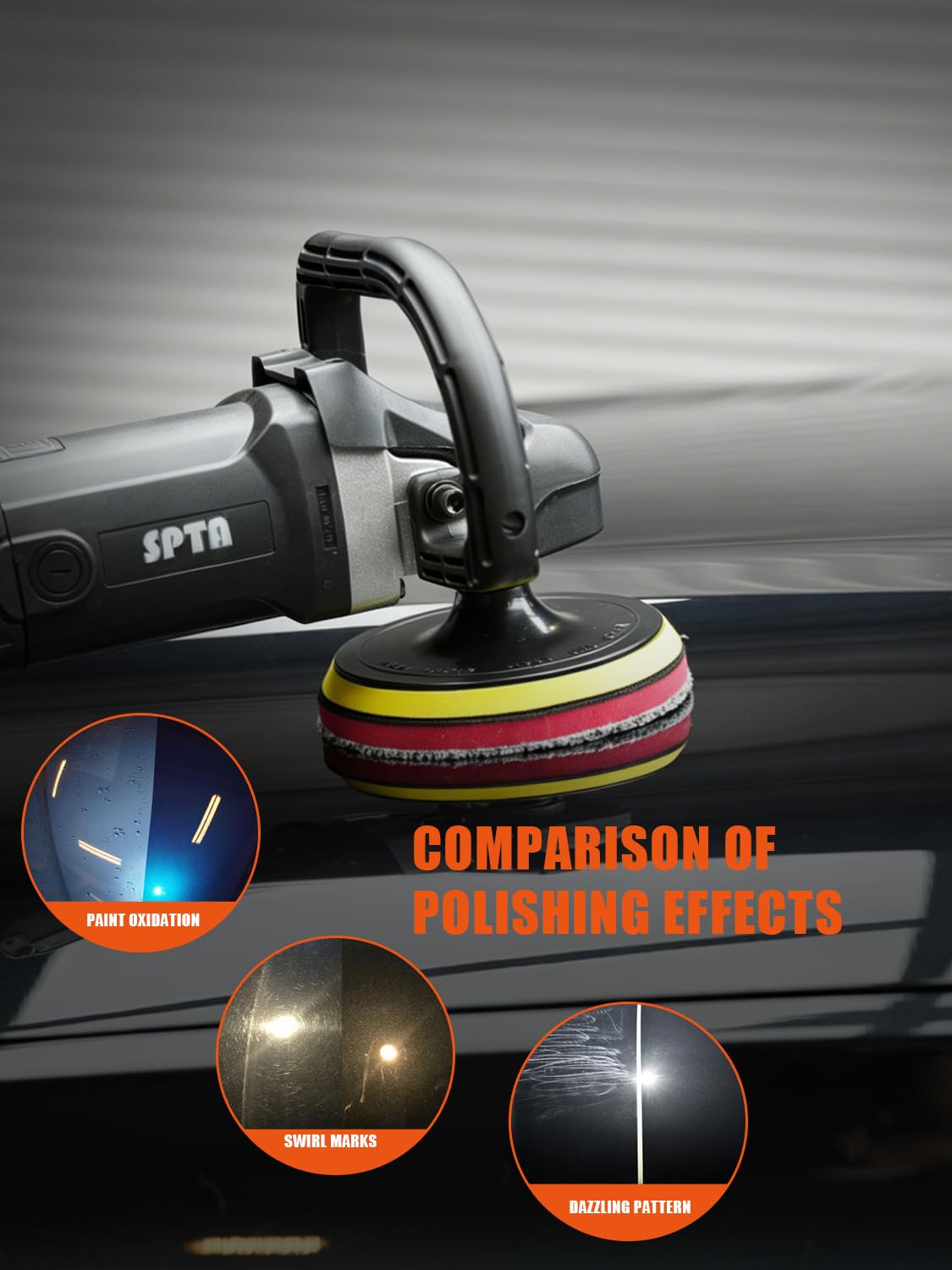 SPTA pad mounted on polisher in use demonstrating efficient cutting and polishing action