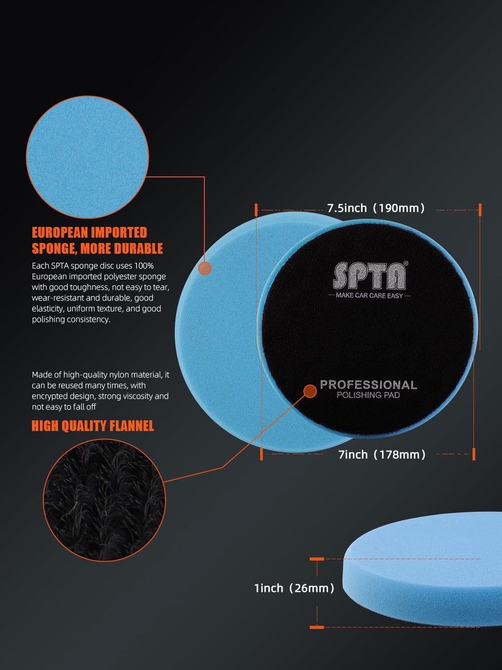 SPTA pads set arranged to show foam, wool, microfiber and backing plate