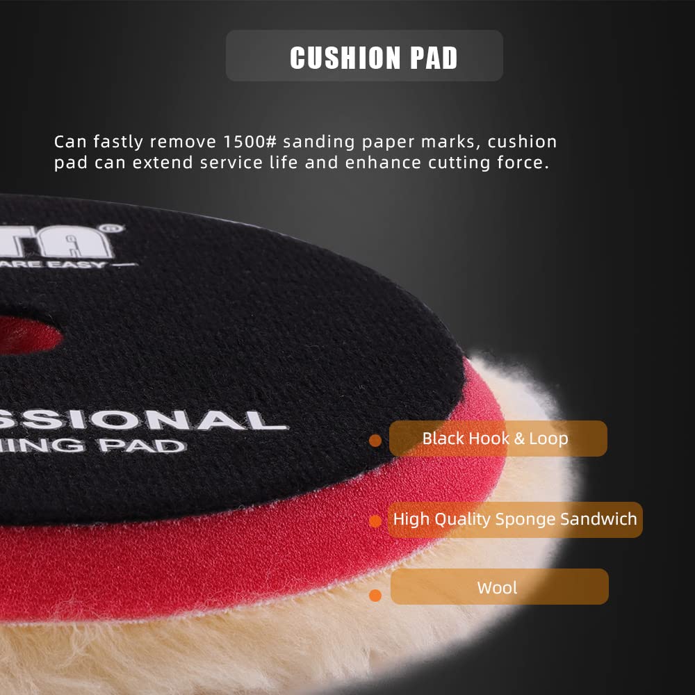 SPTA wool pad mounted on 6-inch backing plate showing compatibility and benefit easy attachment