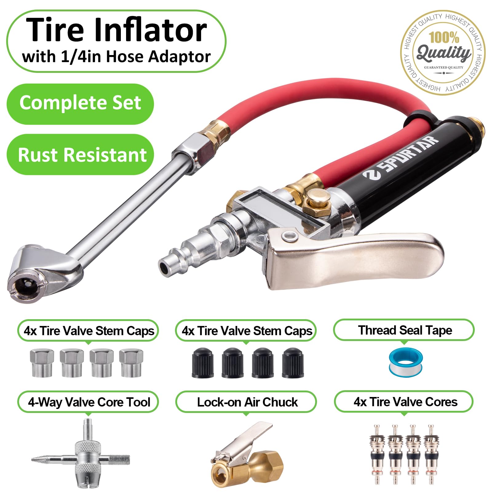 Spurtar accessories with valve cores, metal and ABS caps, and 4-way valve core tool included