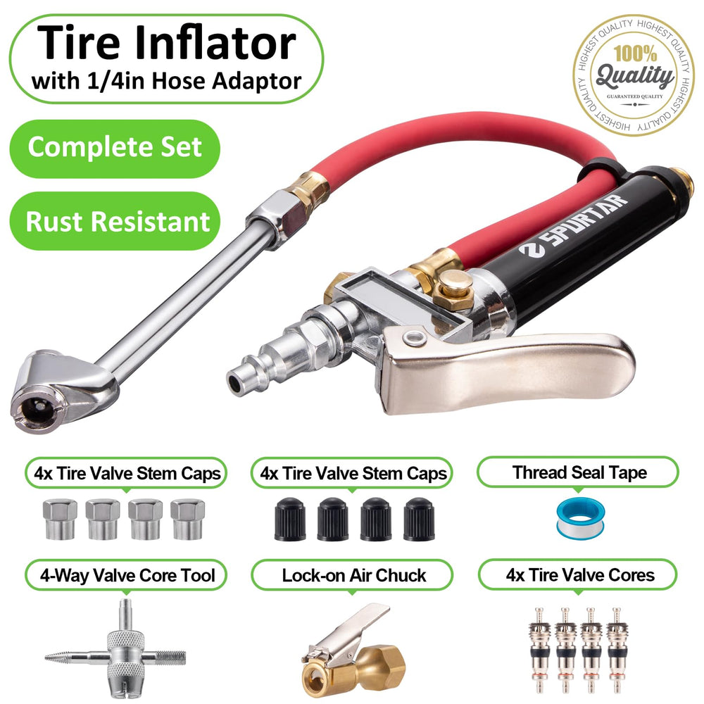 Spurtar accessories with valve cores, metal and ABS caps, and 4-way valve core tool included