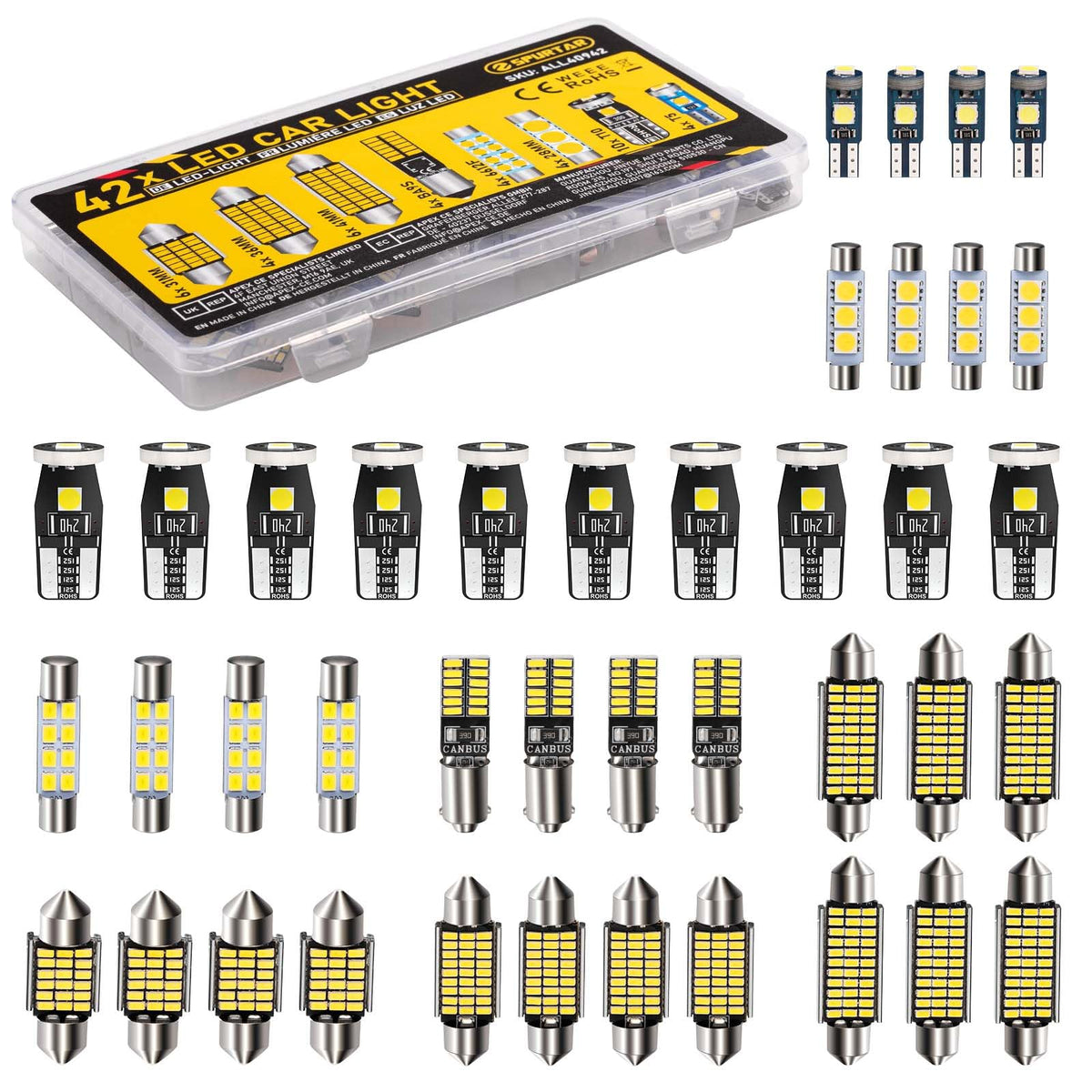 Spurtar kit front packaging showing all 42 bulbs and sizes for easy identification