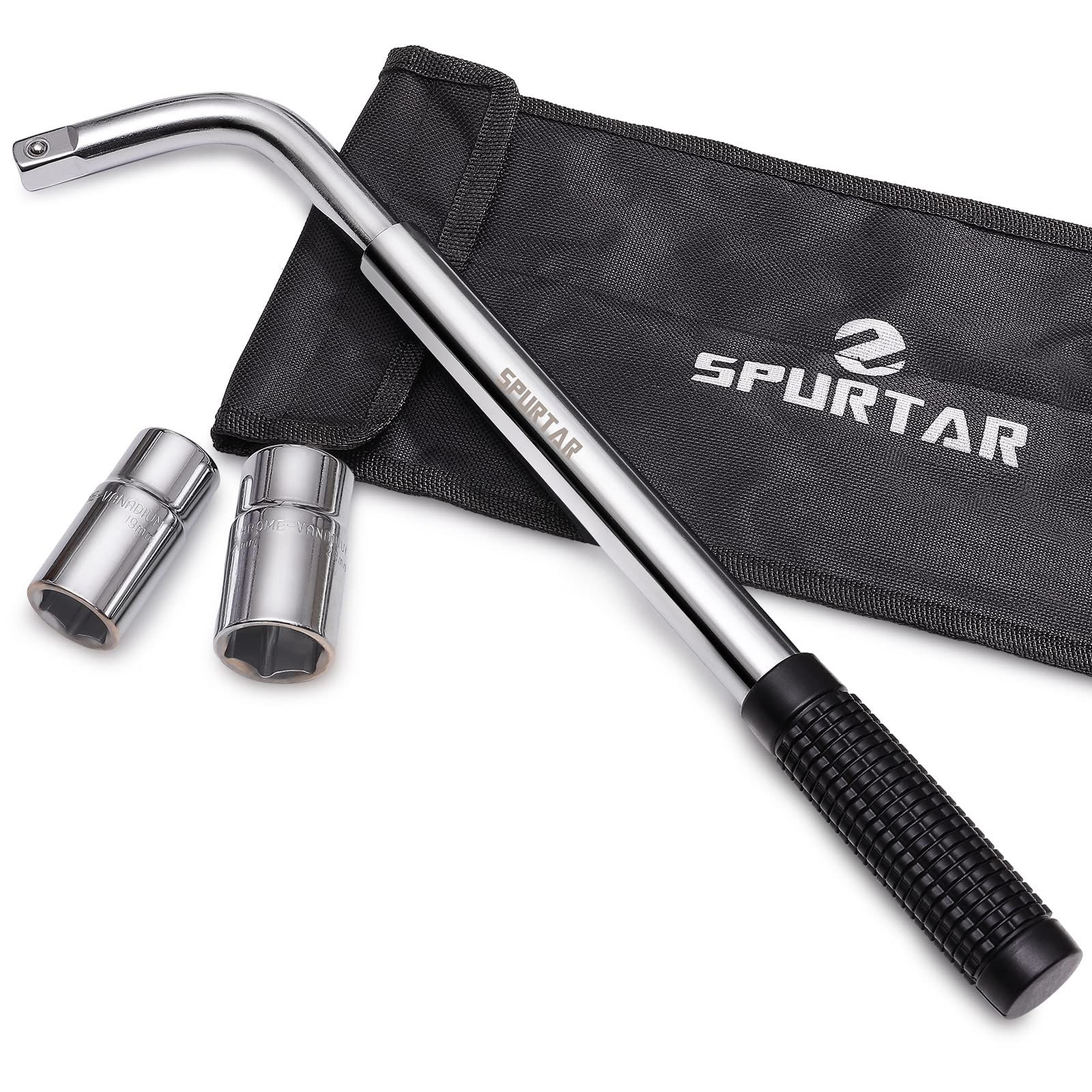 Spurtar front view of telescoping lug wrench showing compact folded size and features