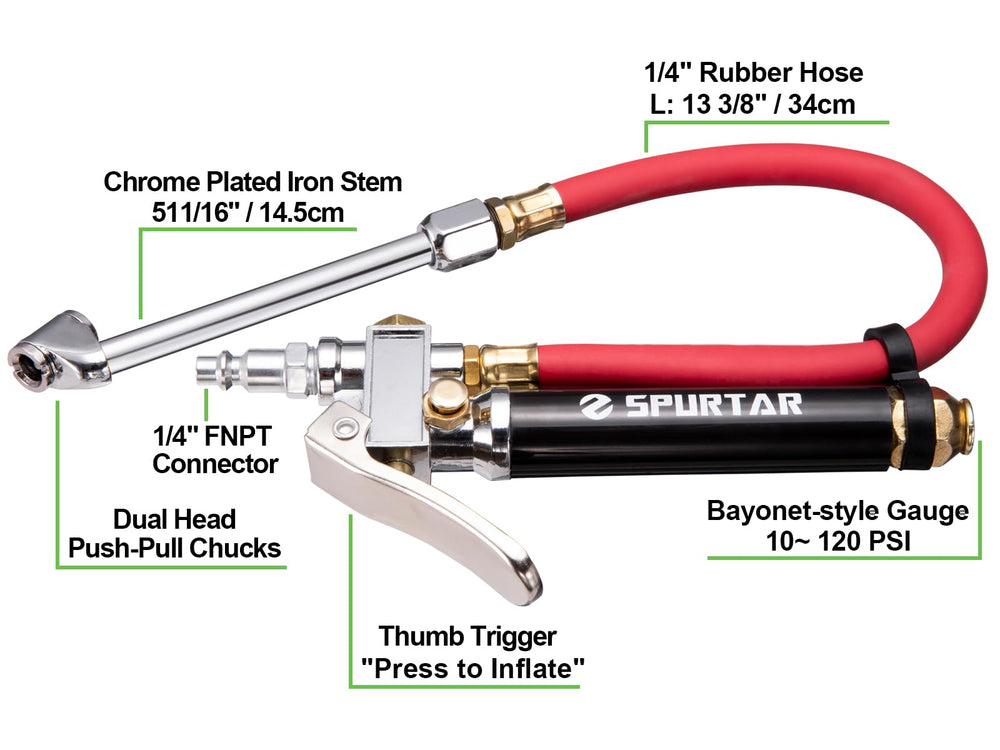 Spurtar in use on a car tire demonstrating quick inflation and accurate pressure control