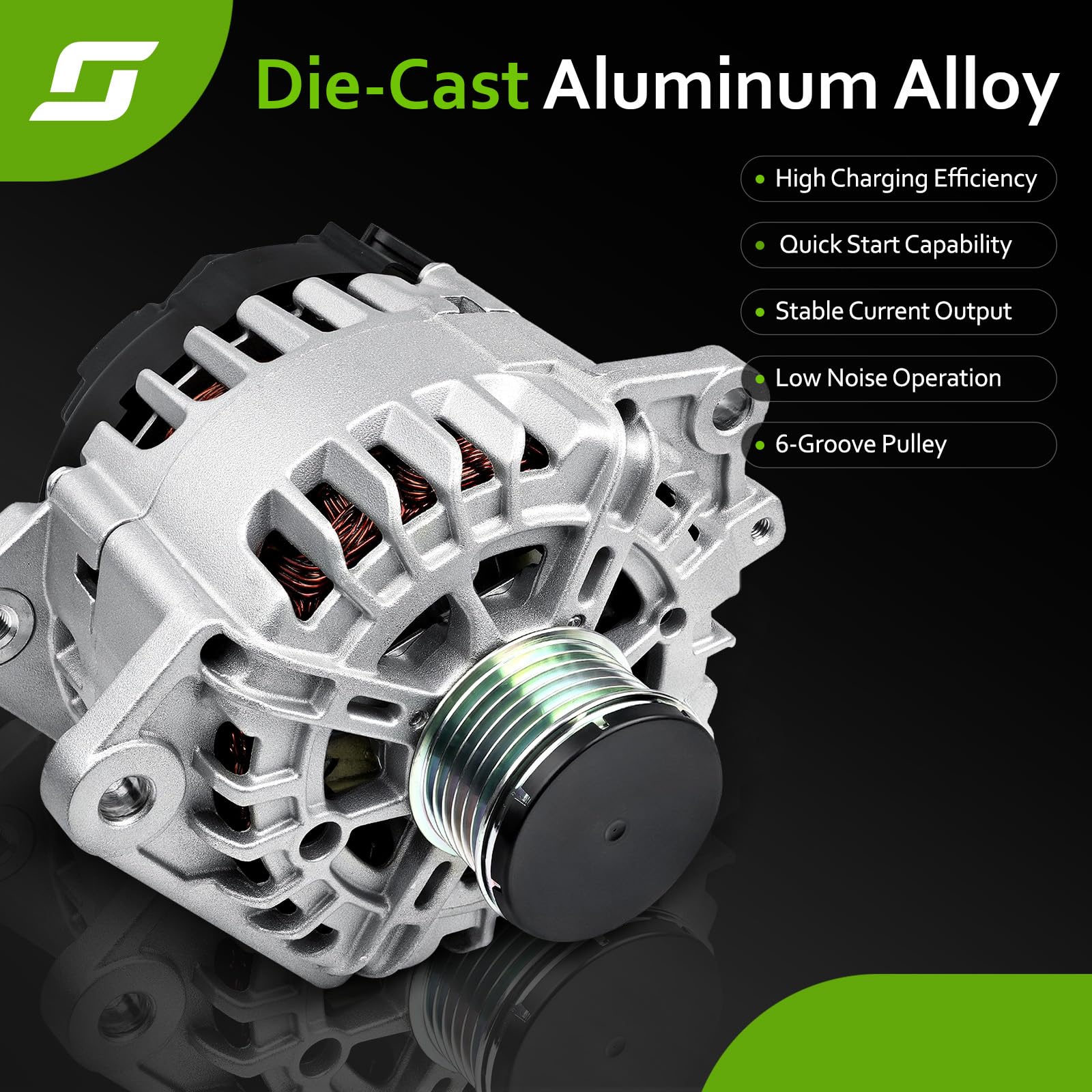 srosant alternator installed in engine bay demonstrating direct-fit replacement