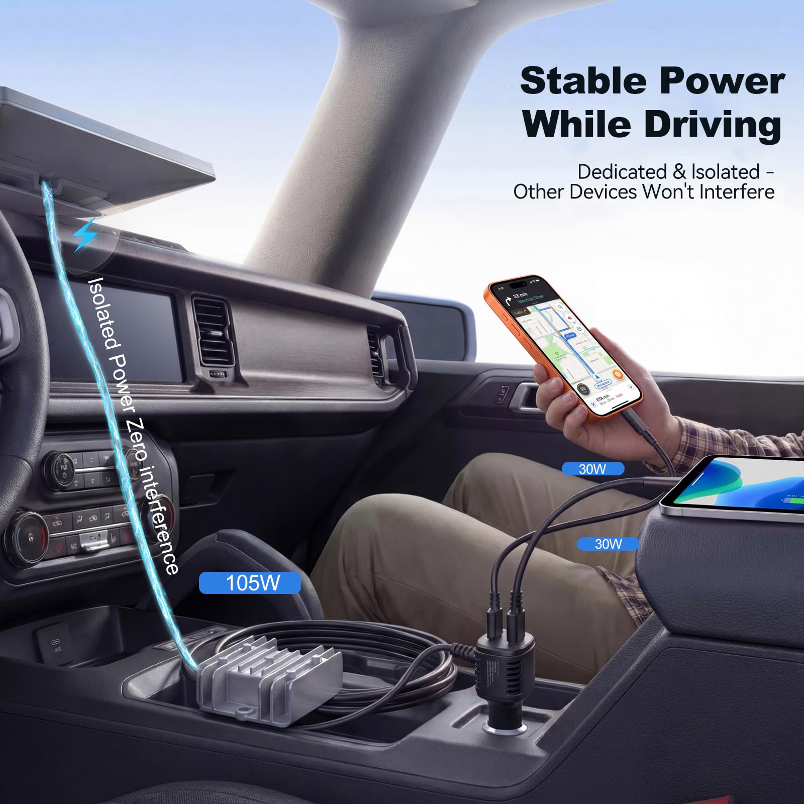 Srotime DC cable stretched in car illustrating 6.5ft reach for flexible placement