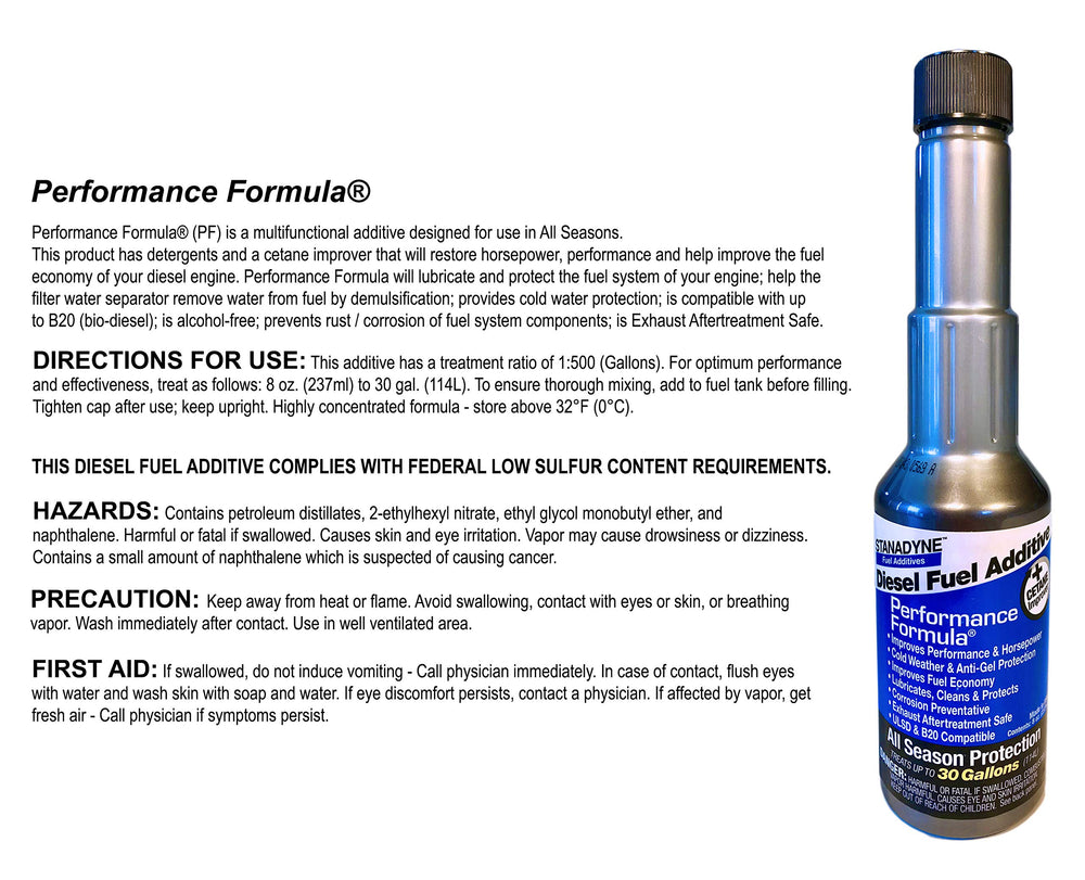 Close-up of Stanadyne 8oz bottle label showing directions and guaranteed compatibility benefits