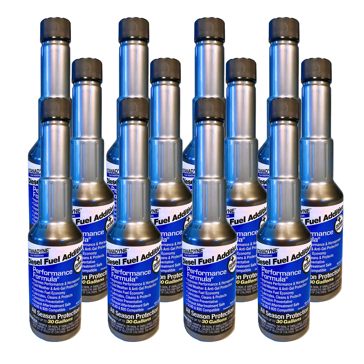 stanadyne 12-pack front view showing bottles and label, highlights convenient multi-use supply