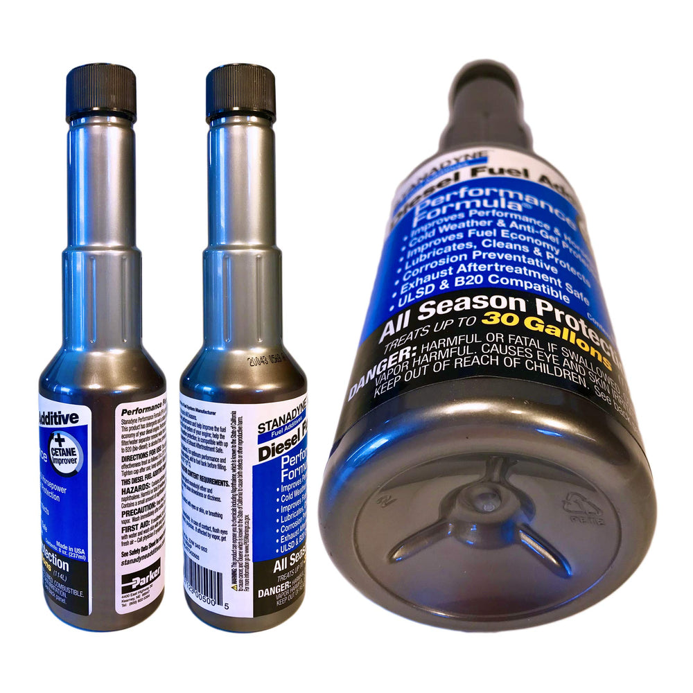 stanadyne bottle being poured into fuel tank filler, demonstrating easy on-fillup application and fast use