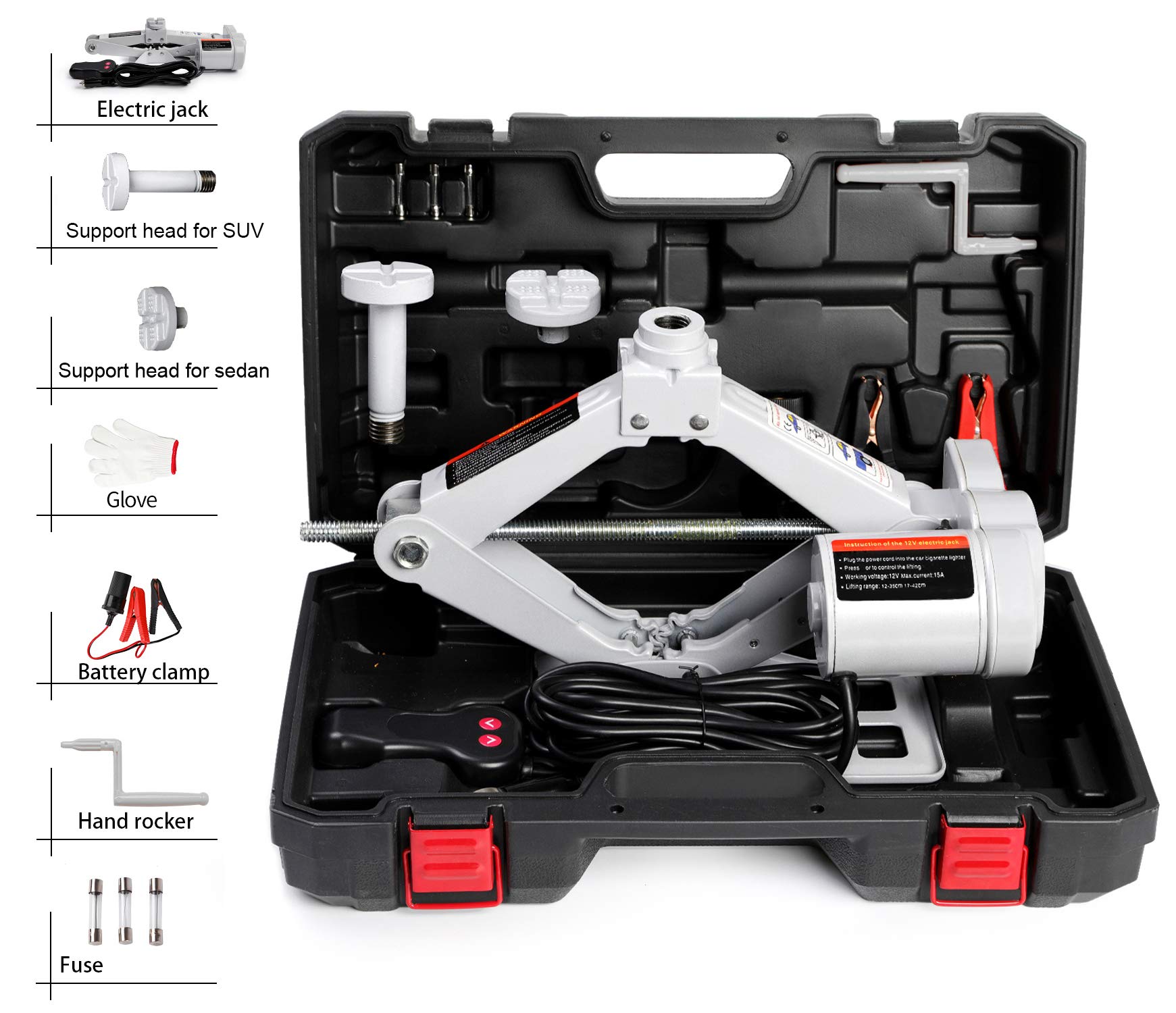 STANDTALL front view electric scissor jack showing sturdy base and controls, promoting stable lifting