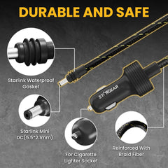 STARGEAR cable plugged into vehicle cigarette lighter powering Starlink Mini on dashboard