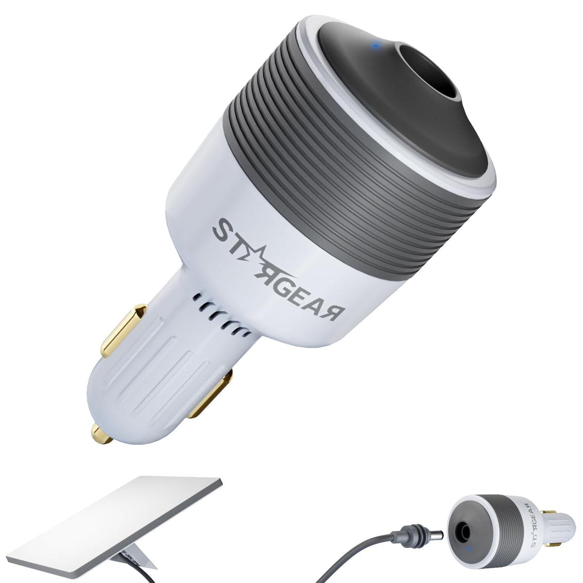 STARGEAR front view of adapter showing plug and indicator, reliable vehicle power