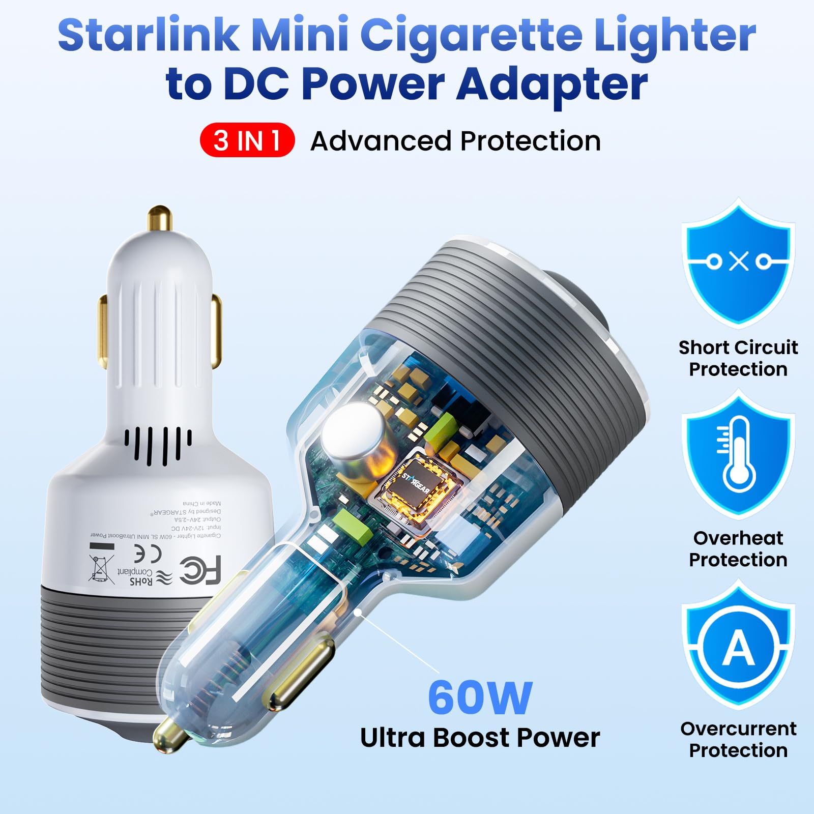 STARGEAR inserted in a car cigarette lighter socket for stable 24V power