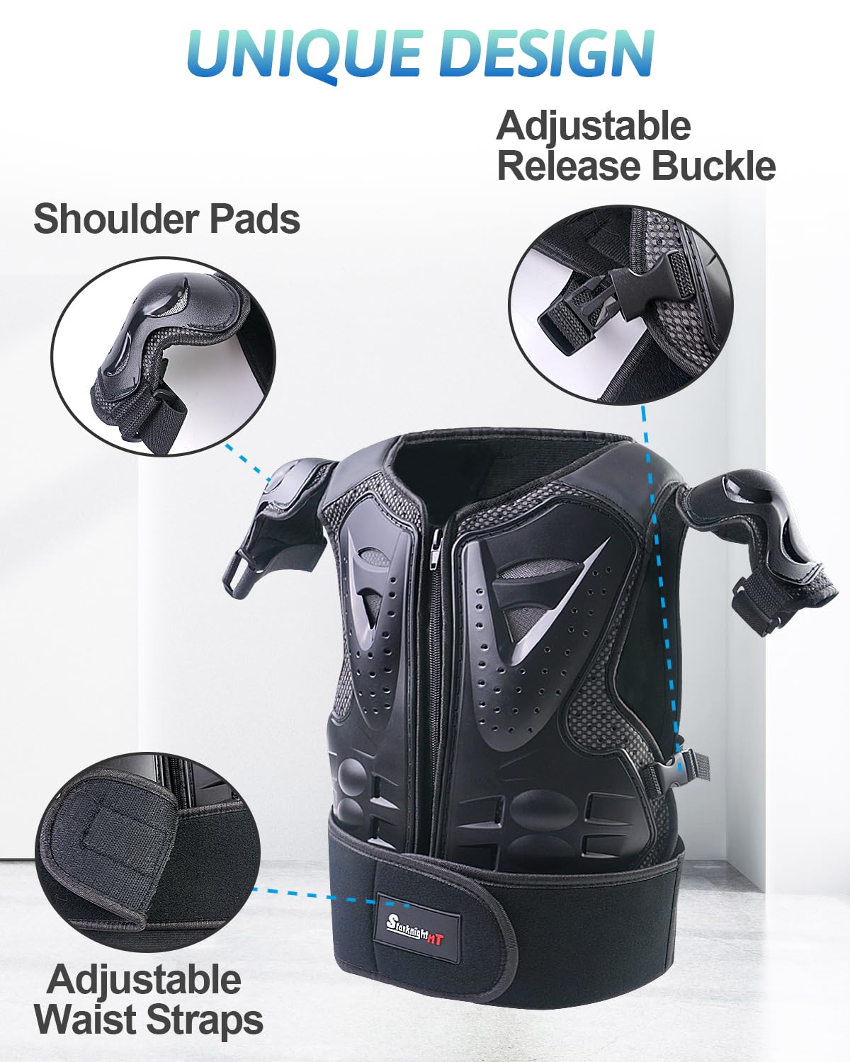 StarknightMT elbow and knee pads close-up showing secure straps and coverage