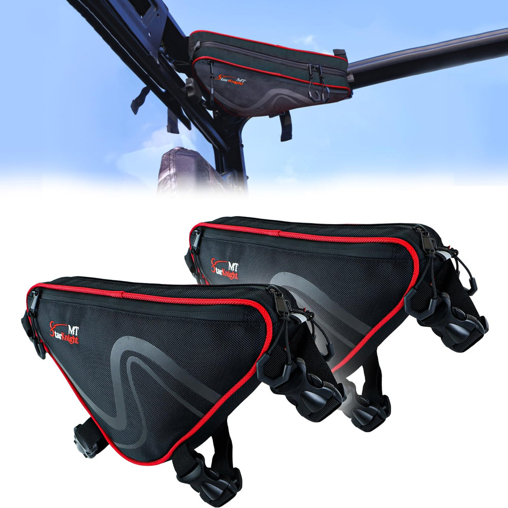StarknightMT front view showing two triangle roll bar bags adding overhead storage