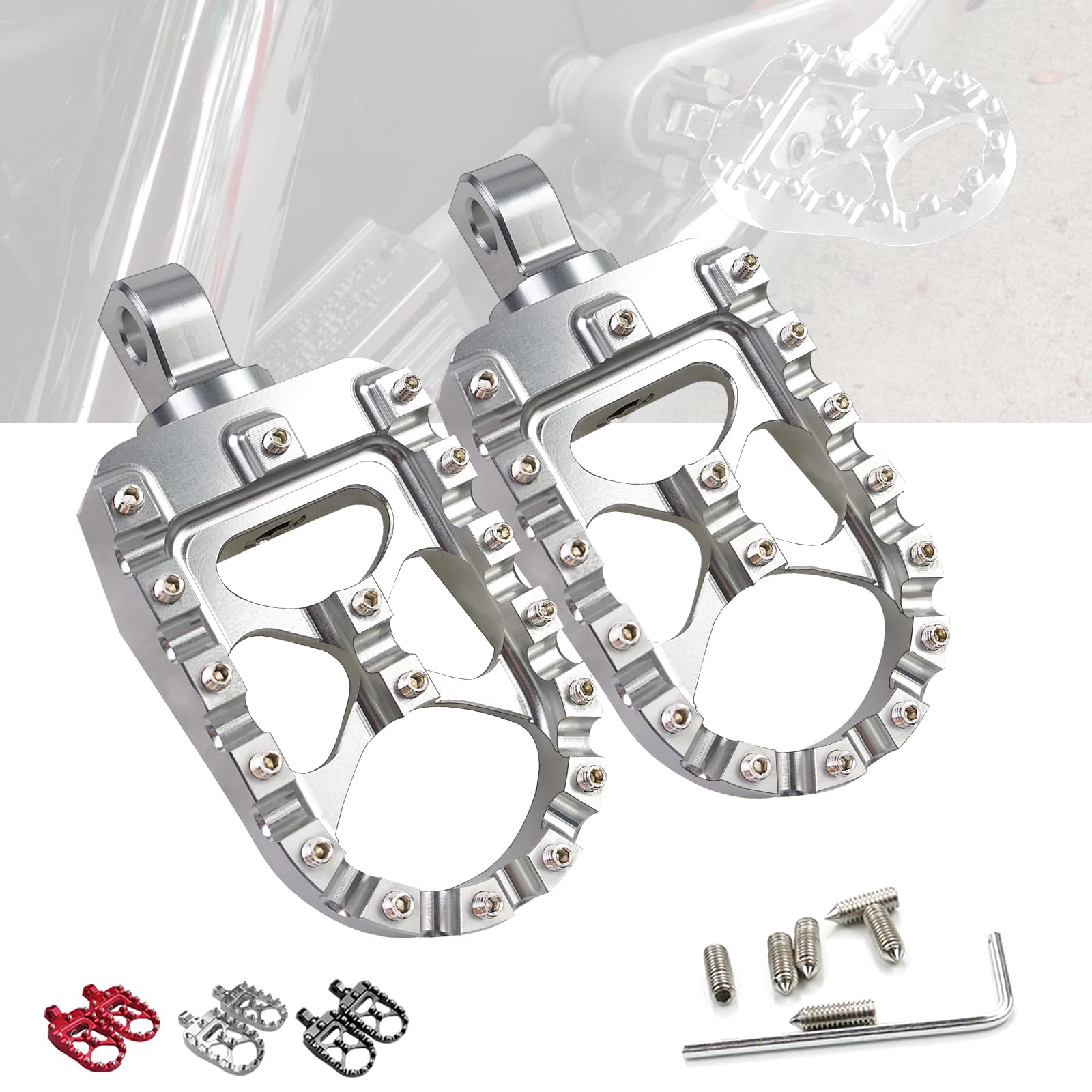 StarknightMT front view of wide fat footpegs showing stable platform and improved comfort