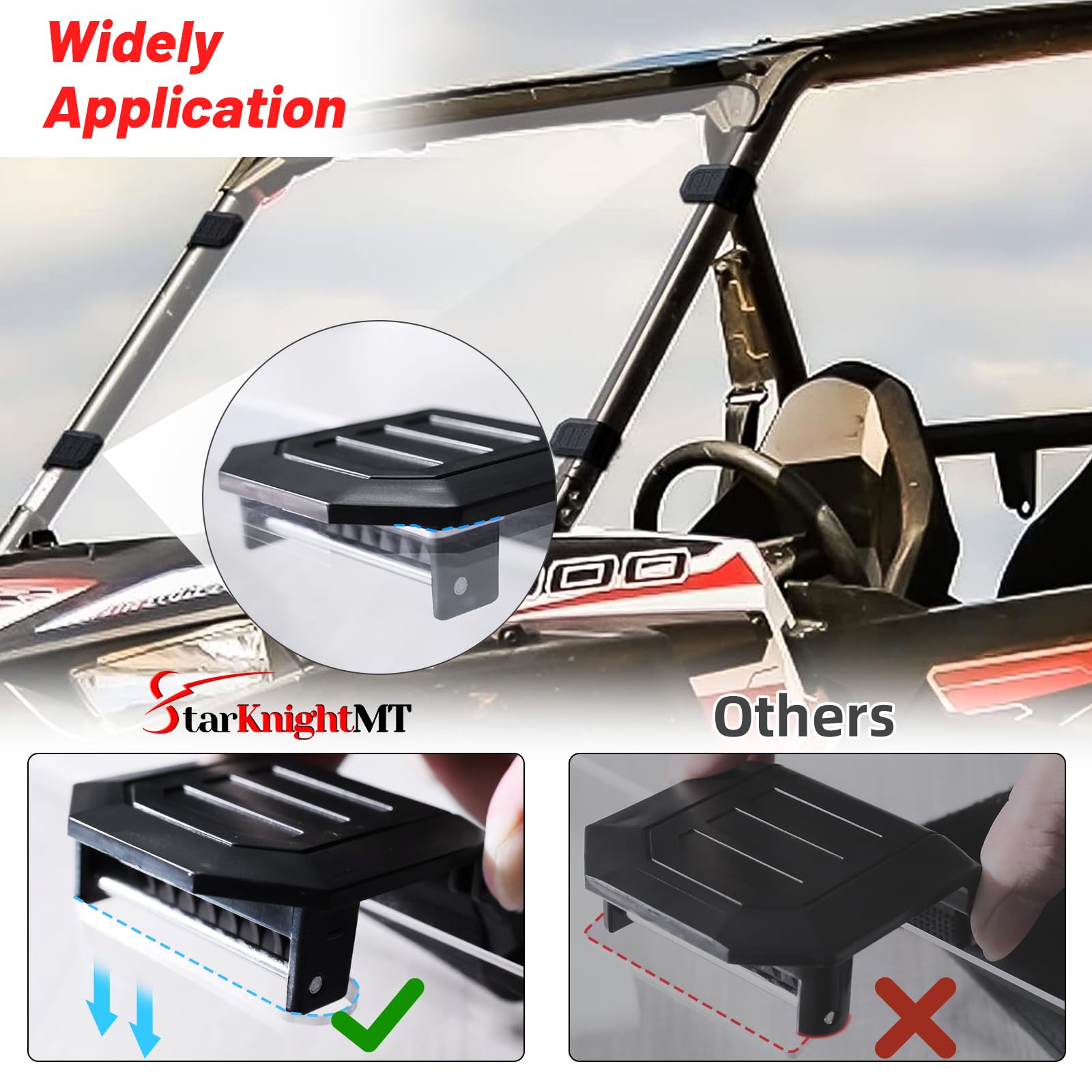 StarknightMT clamps installed on a UTV windshield demonstrating reduced rattle benefit