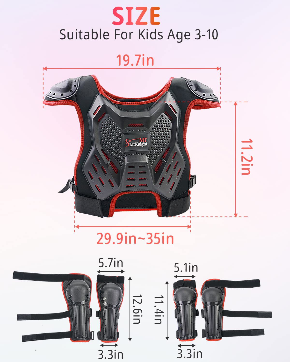 StarknightMT size chart photo illustrating adjustable waist and shoulders
