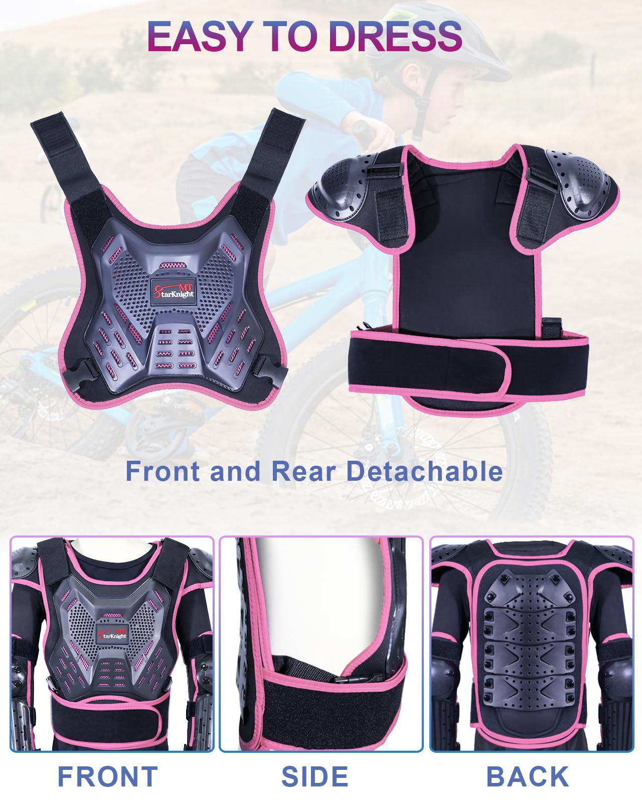 StarknightMT chest protector fitted on child showing size range