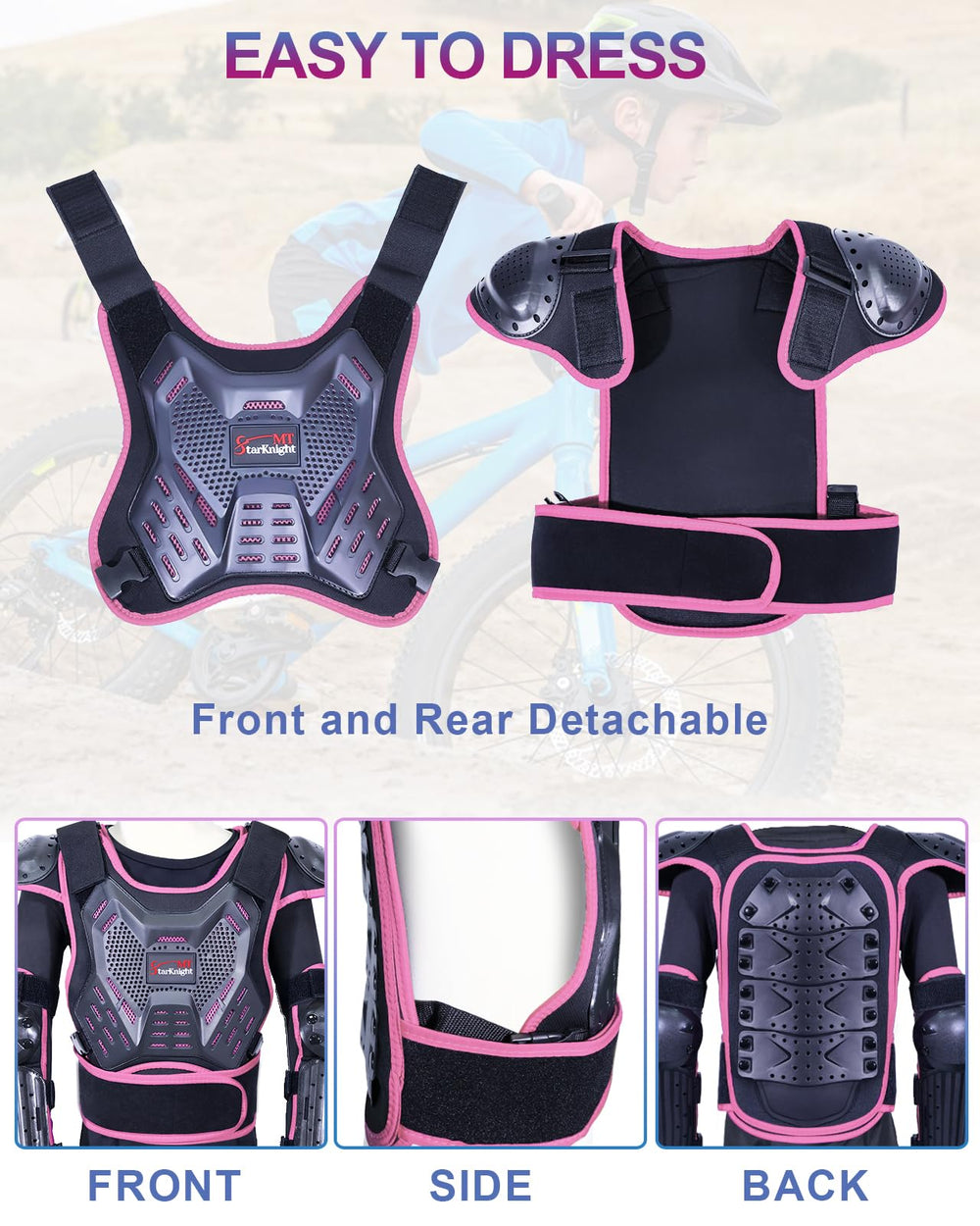 StarknightMT chest protector fitted on child showing size range