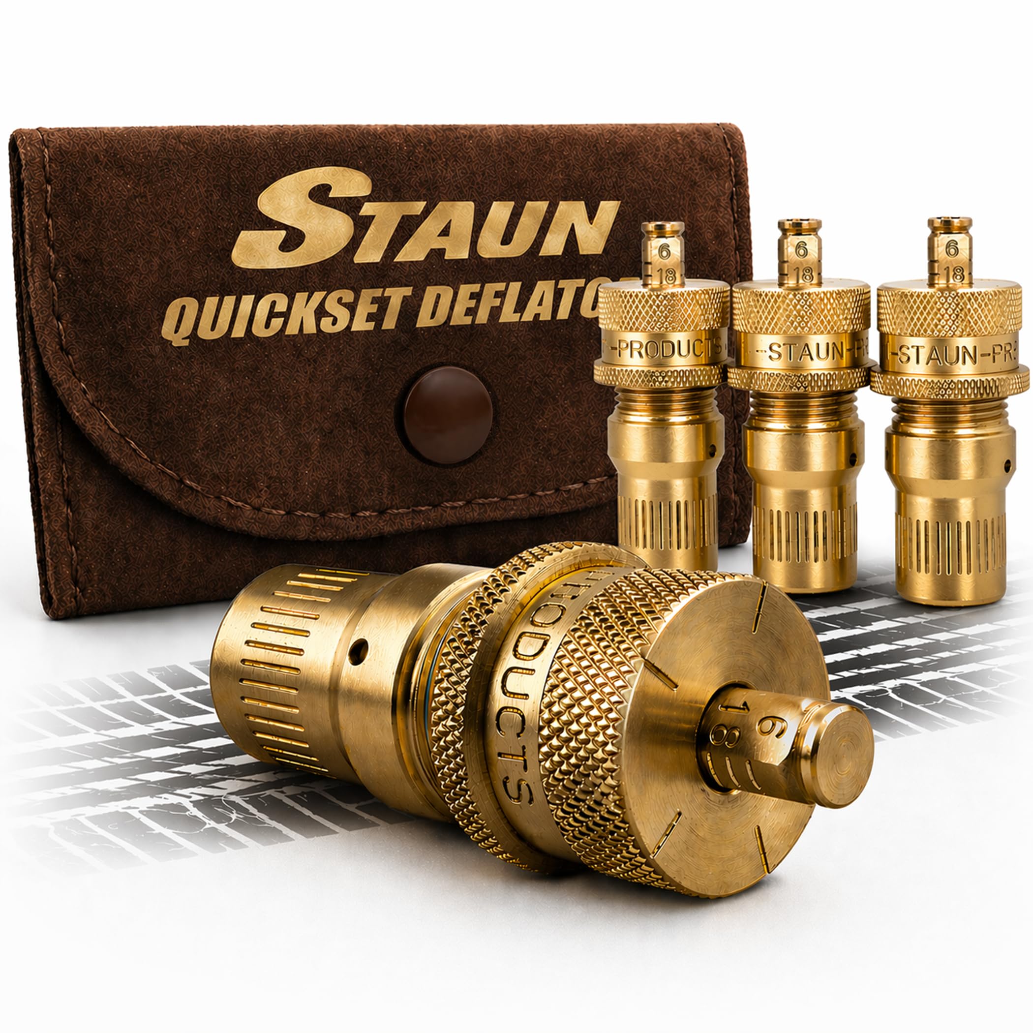 Staun front view showing compact brass deflator and easy storage benefit