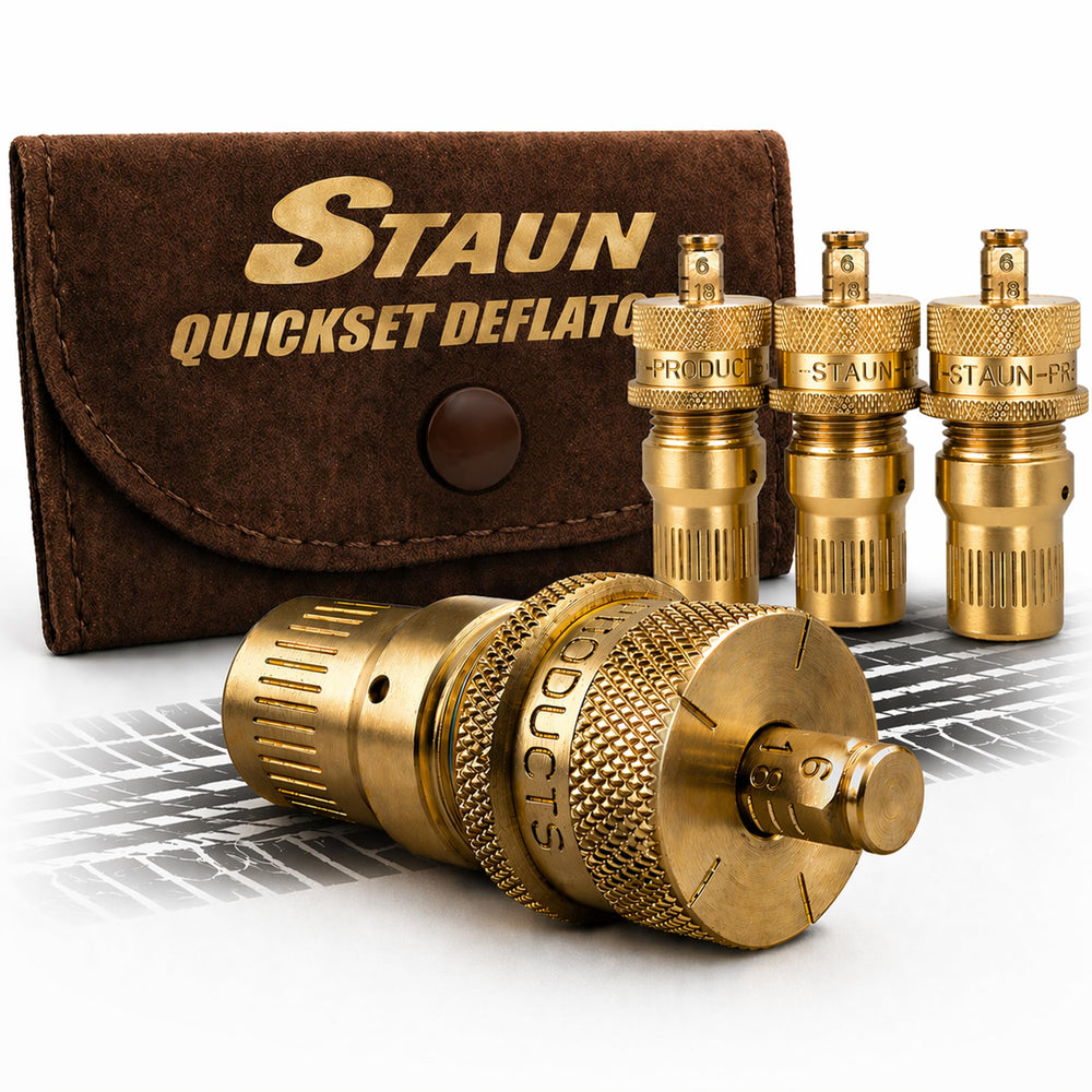 Staun front view showing compact brass deflator and easy storage benefit